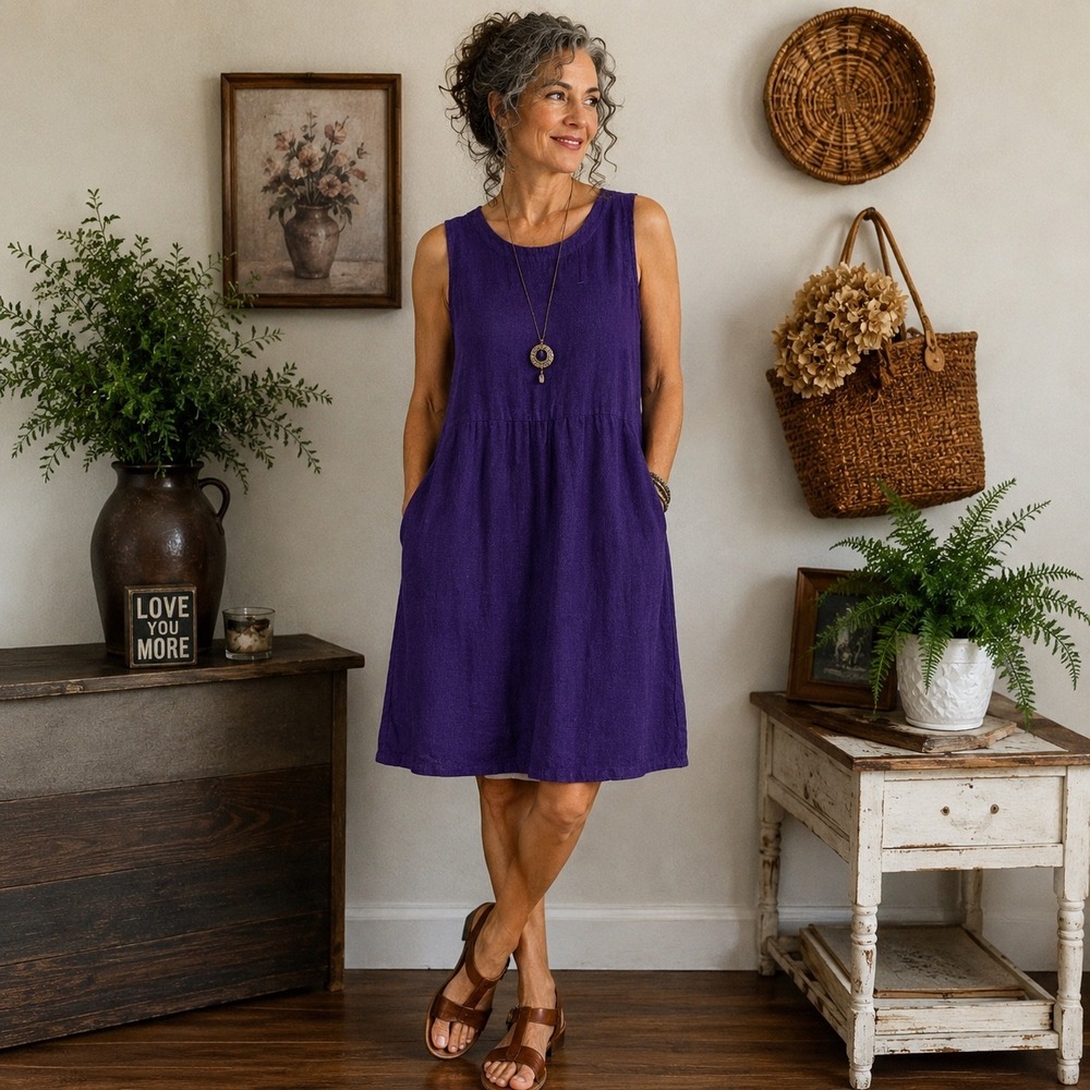 Miss Berens Purple Linen Dress Size Large Made in USA Lagenlook Cottagecore